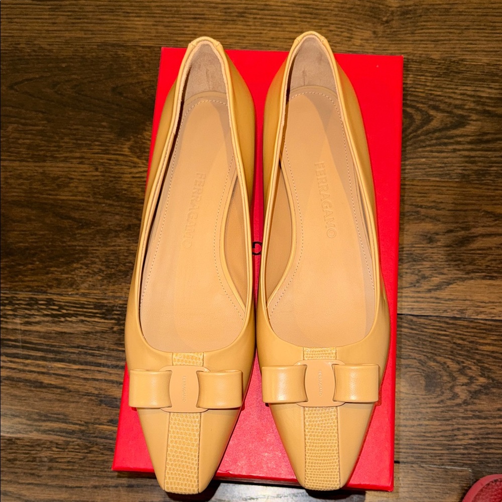 Salvatore Ferragamo Women’s camel color Bow Pointed-Toe Flats